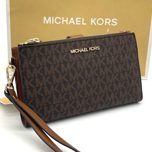 Michael Kors Large Double Zip Wallet Wristlet Brown/Gold - Picture 1 of 7